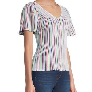 Milly • Striped Flutter-Sleeve Rib-Knit Top